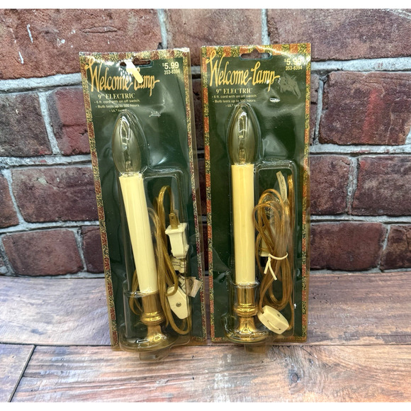 Set of 2 Vtg Electric Candle Welcome Lamps Brass Tone 9" w Switch 1997 Christmas - Picture 1 of 3